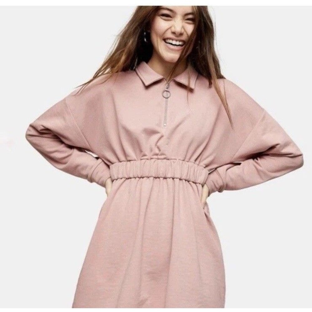 Topshop Zip Collar Cinched Waist Dress Pink Size 8 Cotton Blend